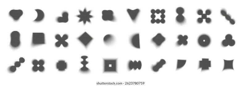 Halftone effect Y2K brutal shapes set. Collection of black dotted geometric elements