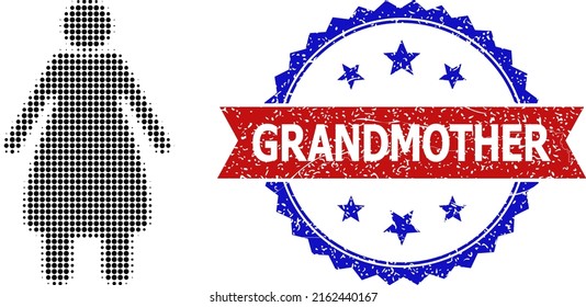 Halftone Elder Woman Icon, And Bicolor Rubber Grandmother Watermark. Halftone Elder Woman Icon Is Constructed With Small Spheric Dots. Vector Watermark With Scratched Bicolored Style,