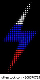 Halftone Electric Bolt pictogram colored in Russian state flag colors on a dark background. Vector composition of electric bolt icon composed from spheric blots.