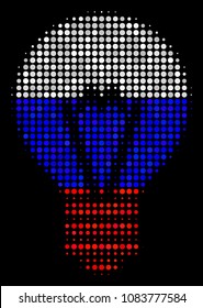 Halftone Electric Bulb icon colored in Russian official flag colors on a dark background. Vector composition of electric bulb icon combined of spheric blots.