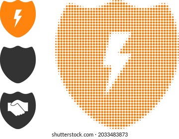 Escudo eléctrico de semitono. Escudo eléctrico con puntos de píxeles redondos pequeños. Ilustración vectorial del icono del escudo eléctrico en un fondo blanco. El patrón de semitono contiene píxeles de círculo.