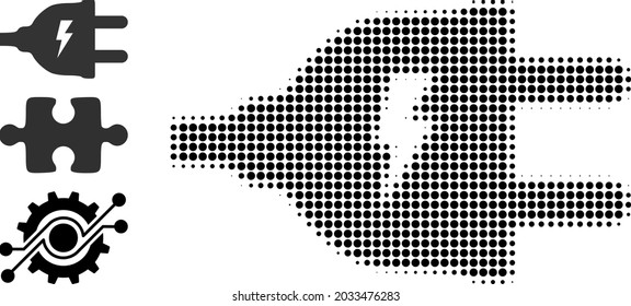 Halftone Stromstecker. Dotted elektrische Stecker aus kleinen Kreispunkten. Vektorgrafik von Steckverbindern mit Elektroantrieb auf weißem Hintergrund.