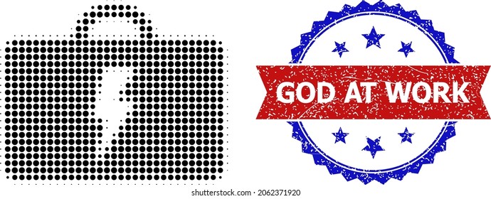 Icono de caja de herramientas eléctrica de semitono y sello bicolor de goma de Dios en el trabajo. El icono de caja de herramientas eléctrica de semitono se hace con pequeños elementos de círculo. Sello vectorial con un estilo bicoloroso rayado,