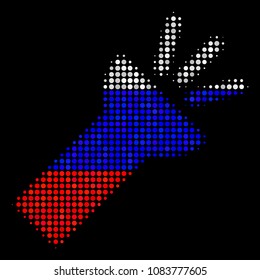 Halftone Electric Torch Light pictogram colored in Russia state flag colors on a dark background. Vector mosaic of electric torch light icon composed from circle dots.