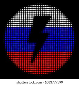 Halftone Electricity pictogram colored in Russian official flag colors on a dark background. Vector pattern of electricity icon composed of spheric dots.
