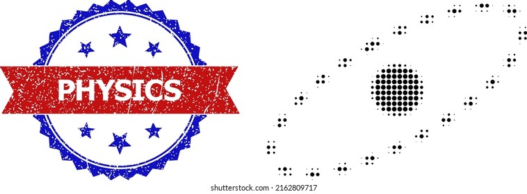 Halftone electron orbit icon, and bicolor scratched Physics watermark. Halftone electron orbit icon is constructed with small circle items. Vector watermark with corroded bicolored style,