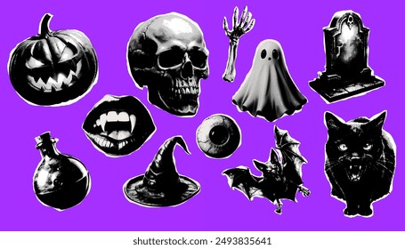 Conjunto de collage de elementos de semitonos para halloween. Esqueleto, cráneo, calabaza, fantasma, gato, poción, sombrero, ojo, murciélago. 