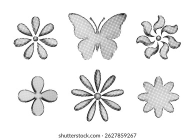 Halftone elements  - different flowers and butterfly on white background.