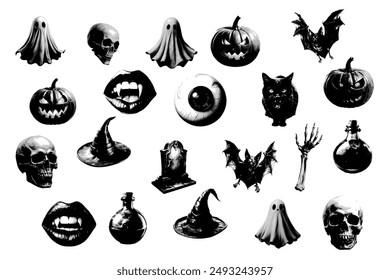 Elementos de medio tono para un collage de Halloween. Gran conjunto de Elementos aislados sobre fondo blanco.