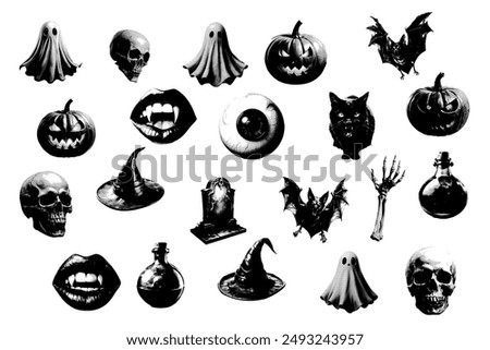 Halftone elements for a Halloween collage. Big set of isolated elements on white background.