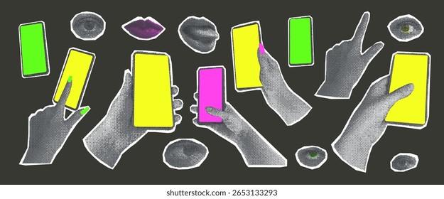 Elementos de meio-tom. Mãos com telefones, olhos, lábios colagem. Recorta celulares na mão modelos adesivos para mídias sociais. smartphones com tela vazia. Ilustração vetorial sobre fundo escuro.