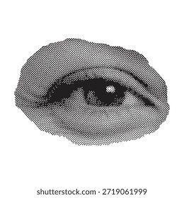 Grabado semitono de un solo ojo mirando hacia arriba. Ilustración de patrón de puntos en blanco y negro de la visión humana. Elemento de diseño estético surrealista retro.