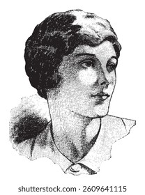 halftone engraving style illustration in black and white, female portrait with dark hair, isolated vector, vintage