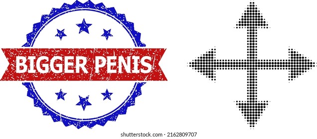 Halftone Enlarge Arrows Icon, And Bicolor Textured Bigger Penis Seal. Halftone Enlarge Arrows Icon Is Generated With Small Round Items. Vector Seal With Retro Bicolored Style,