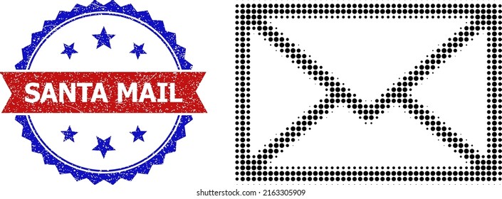 Halftone envelope icon, and bicolor scratched Santa Mail stamp. Halftone envelope icon is generated with small round points. Vector seal with scratched bicolored style,