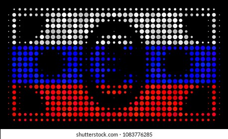 Halftone Euro Banknote icon colored in Russia state flag colors on a dark background. Vector pattern of euro banknote icon done with spheric blots.