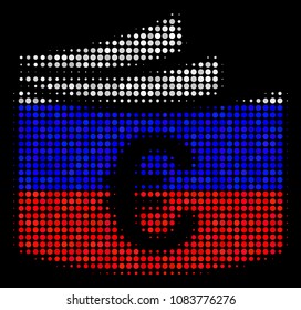 Halftone Euro Checkbook icon colored in Russian official flag colors on a dark background. Vector concept of euro checkbook icon formed from round items.