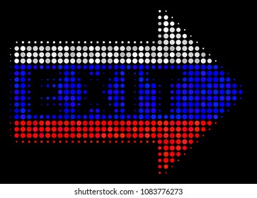 Halftone Exit Arrow icon colored in Russia official flag colors on a dark background. Vector mosaic of exit arrow icon composed with spheric pixels.