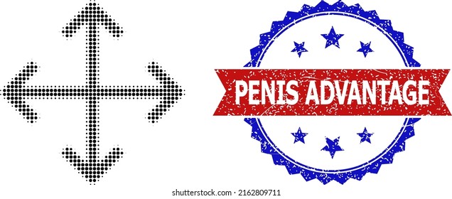 Icono de flechas de expansión de semitono y sello Penis Advantage impuro bicolor. El icono de flechas de expansión de semitono se hace con pequeños puntos redondos. Impresión vectorial con un estilo bicoloroso impuro,
