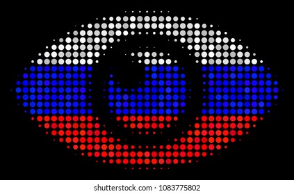 Halftone Eye pictogram colored in Russian state flag colors on a dark background. Vector pattern of eye icon formed of spheric items. Designed for political and Russian patriotic agitation.