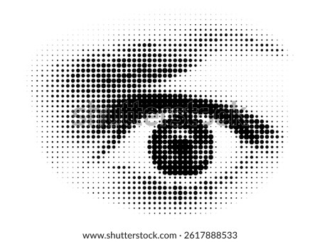 Halftone eye sight. Vector black dots pattern. Fear, anger, horror, surprise emotion	
