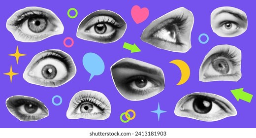 ojos de medio tono con pestañas. los puntos de medio tono aislados textan blanco negro. elemento de collage de estilo retro de arte pop vintage para un diseño mixto moderno loco con fondo blanco. Ilustración del vector