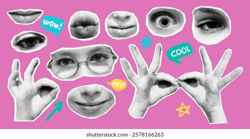 Halftone face and body parts showcasing different emotions and non-verbal expressions, gesturing hand signs trendy magazines sheets newspaper pages collage artistic y2k style vector illustration