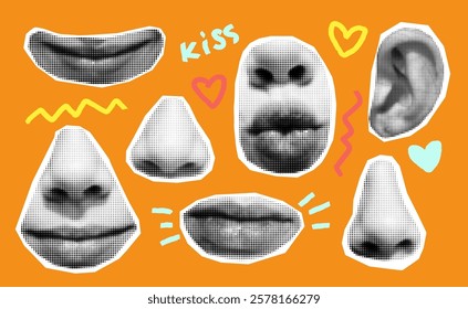 Halftone face parts black-and-white dotted collage style over vibrant color doodle design background. Woman ear, nose, mouth showcasing listen, talking, smiling, smelling, kissing non-verbal sign