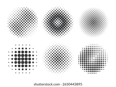 Halftone fade effect shapes. Vector illustration of set of black circular design elements with spotted texture isolated on transparent background.