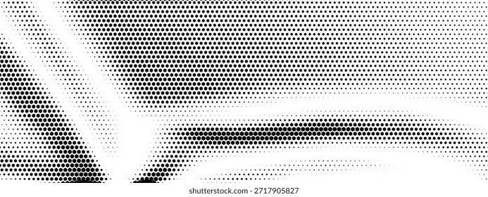 Patrón de desvanecimiento de semitono con esquina de hexágono superpuesto y punto de gradiente de rastro. Oscilación de círculo de panal con la mitad semitono mínima y mezcla dinámica flexible. Halftone de diseño aleatorio.