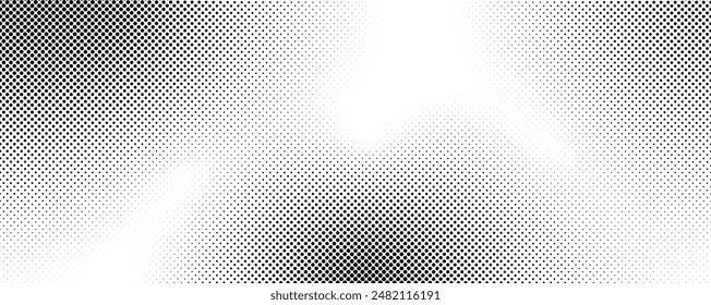 Halftone faded gradient texture bckground. White and black sand or noise texture wallpaper. Retro pixelated backdrop. Anime or manga style comic overlay. Vector graphic design template.