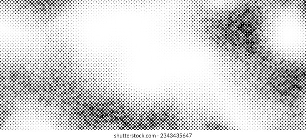 Halftone faded gradient texture. Grunge dirty speckles and spots background. White and black sand noise wallpaper. Retro pixelated comic vector backdrop