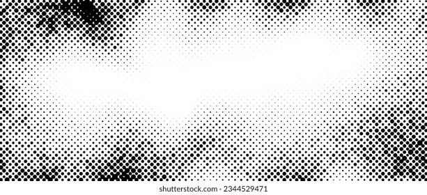 Halftone faded gradient texture. Grunge dirty speckles and spots background. White and black uneven sand noise wallpaper. Retro pixelated comic cartoon vector backdrop. 