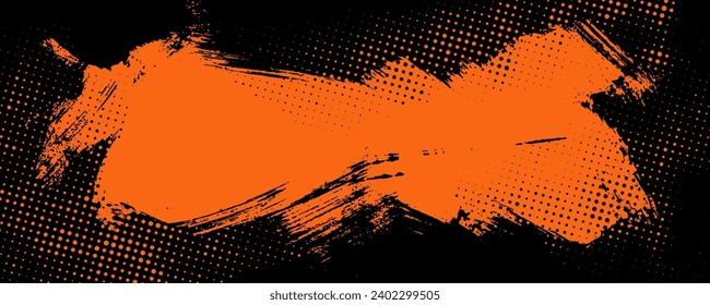 La textura de degradado de semitono se desvaneció con trazos de pincel de fondo. Banner de color naranja y negro con armazón grueso y textura punteada. Antecedentes retro de punk, cómic o pop vectorial. Plantilla de frotis de frotis a mano.