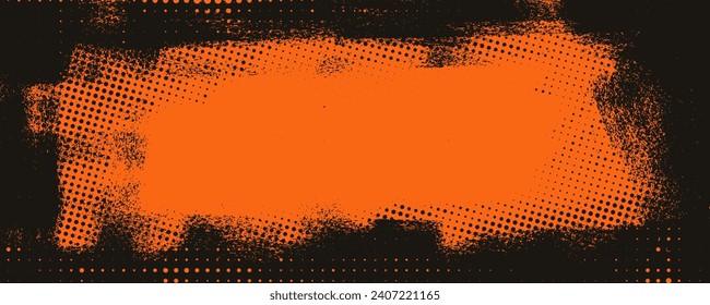 Halftone faded gradient texture with grunge brush strokes. Orange and black banner with grunge frame and dotted texture. Retro punk, comic or pop vector background. Hand drawn rough smears template.