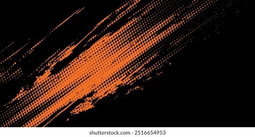 Halftone faded gradient texture with grunge brush strokes. Orange and black banner with grunge frame and dotted texture