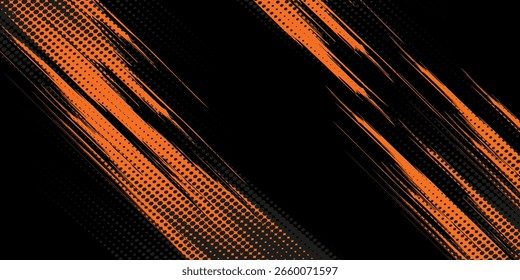Textura de gradiente desbotado de meio-tom com traçados de pincel grunge. Banner laranja e preto com moldura grunge e textura pontilhada
