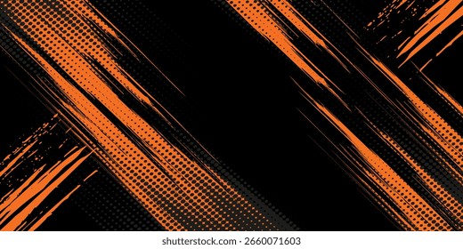 Halftone faded gradient texture with grunge brush strokes. Orange and black banner with grunge frame and dotted texture