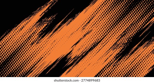 Halftone faded gradient texture with grunge brush strokes. Orange and black banner with grunge frame and dotted texture