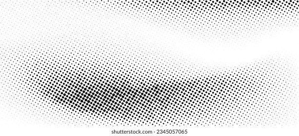 Halftone faded wavy gradient texture. Grunge dirty speckles and spots background. White and black uneven sand grain wallpaper. Retro pixelated comic cartoon vector backdrop. 