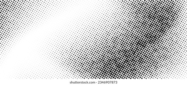Halftone faded wavy gradient texture. Grunge dirty speckles and spots background. White and black uneven sand grain wallpaper. Retro pixelated comic cartoon vector backdrop. 