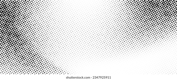 Halftone faded wavy gradient texture. Grunge dirty speckles and spots background. White and black uneven sand grain wallpaper. Retro random pixelated comic cartoon vector backdrop. 