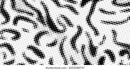 Textura de gradiente ondulado desbotado de meio-tom. Grunge manchas sujas e fundo de manchas. Papel de parede de grãos de areia irregular branco e preto. Fundo de vetor de quadrinhos pixelados aleatórios retrô.
