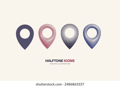 Halftone fake 3d geo pins set. Monochrome dotted pop art geotags vector icons set on white background. Navigation points design elements.