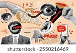 Halftone fake news. False information newspaper collage punk vintage torn paper poster, social media communication shout mouth lip misinformation concept, exact vector illustration original artwork