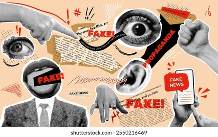 Halftone fake news. False information newspaper collage punk vintage torn paper poster, social media communication shout mouth lip misinformation concept, exact vector illustration original artwork