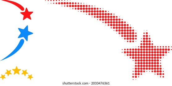 Halftone falling star. Dotted falling star designed with small circle dots. Vector illustration of falling star icon on a white background. Halftone pattern contains circle pixels.