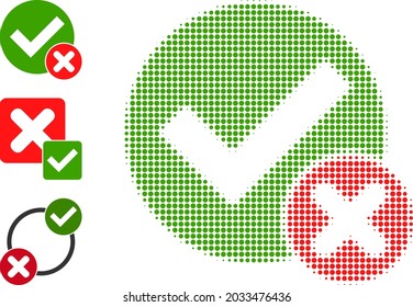 Halftone false positive. Dotted false positive made with small circle items. Vector illustration of false positive icon on a white background. Halftone pattern contains circle elements.
