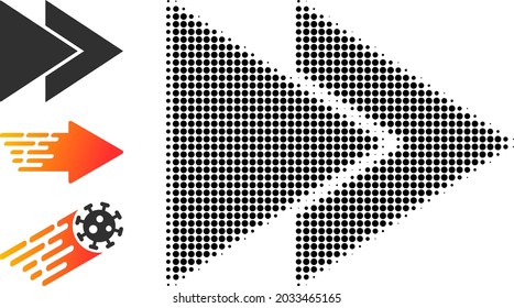 Halftone fast forward. Dotted fast forward constructed with small round points. Vector illustration of fast forward icon on a white background. Halftone pattern contains circle points.