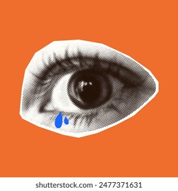 Halftone female eye with tears. Halftone texture of the eye for a modern poster. Trendy grunge style. Isolated eye for poster design, social media. Vector